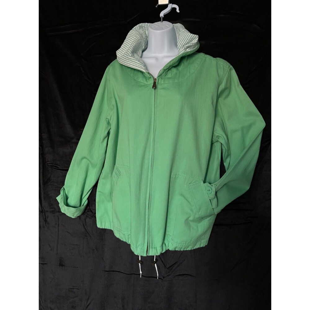Denim & Co Lt, Green hooded denim jacket, zipper front, drawstring & pockets